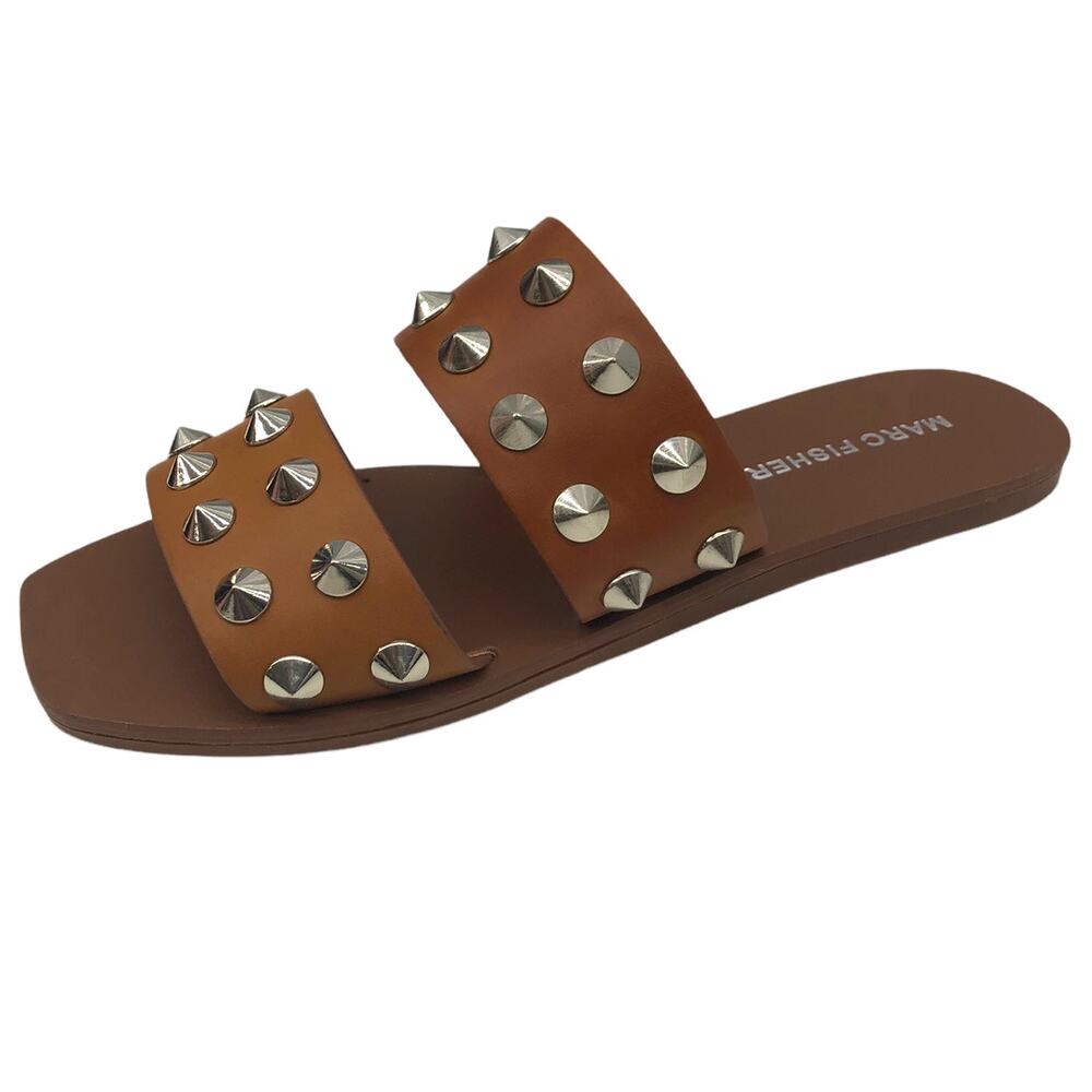 Marc Fisher Square Toe Bolive Tan Slip On Metallic Silver Stud Flat Sandals 5.5